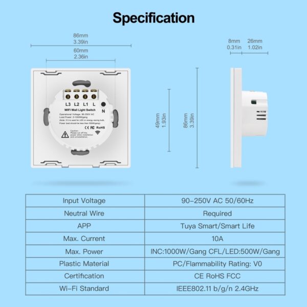 کلید سه پل هوشمند لمسی مشکی با قابلیت کنترل از طریق WiFi و ریموت - Image 3